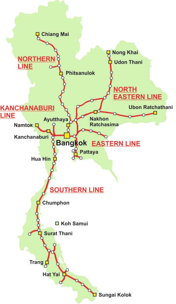 Carte des lignes ferroviaires de Thaïlande 