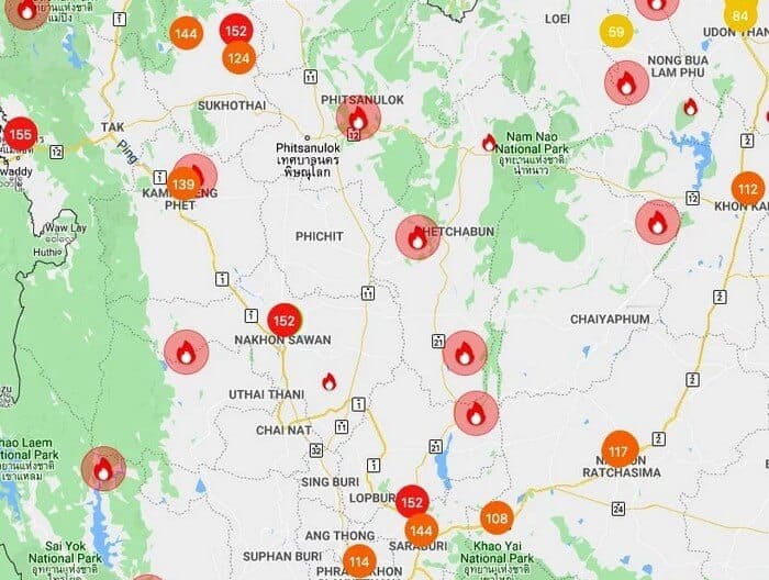 Carte des feux en Thaïlande