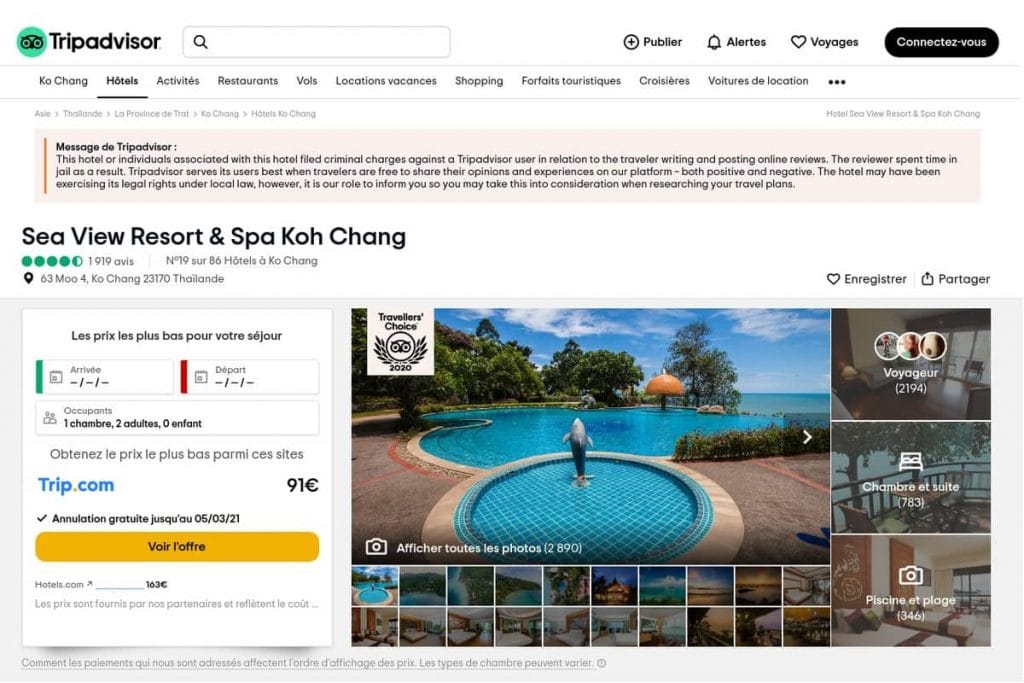 En Thaïlande, un simple avis négatif en ligne peut vous mener en prison 8 L'hôtel thaïlandais à l’origine de l’arrestation d’un Américain après un commentaire négatif a obtenu un nouveau label sur Tripadvisor