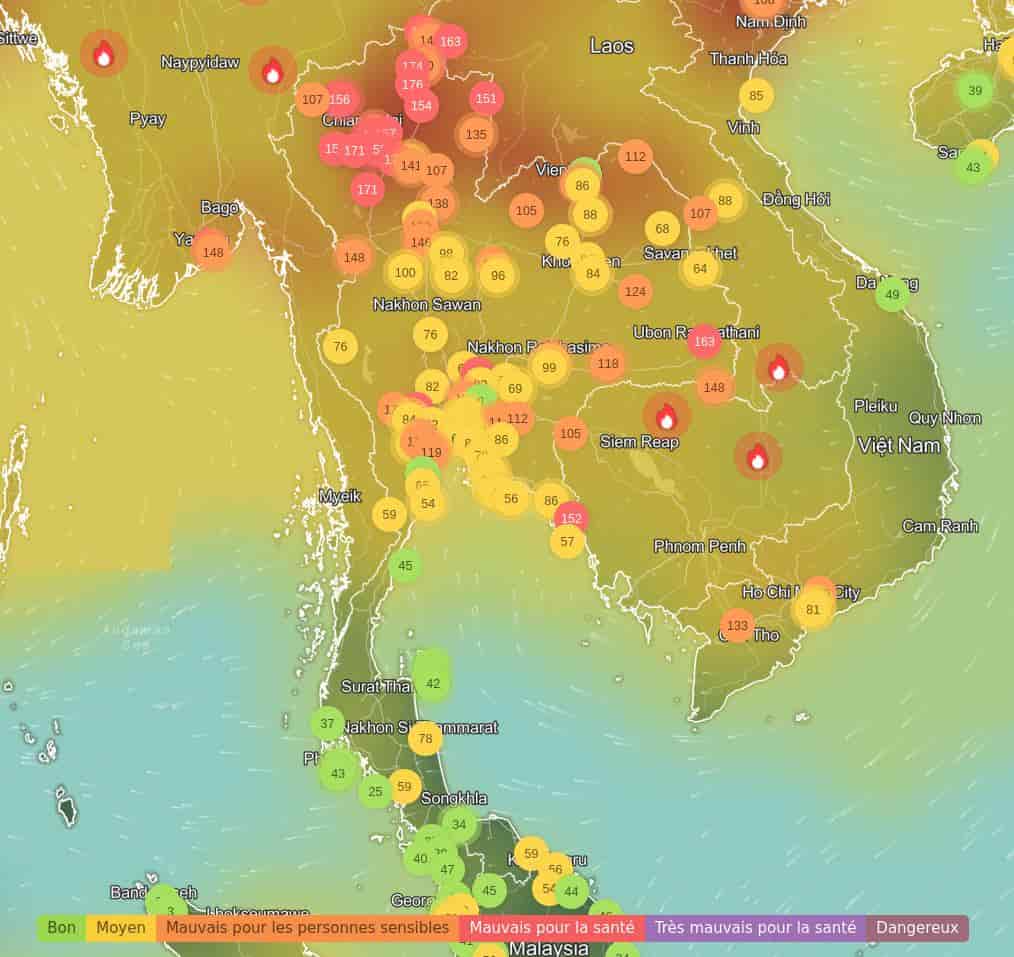 Carte indiquant pollution Thailande