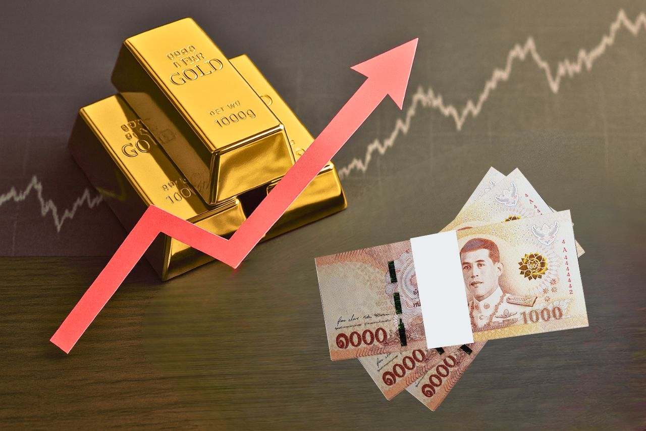 Gold bars and 1,000 baht banknotes with a red arrow indicating an increase