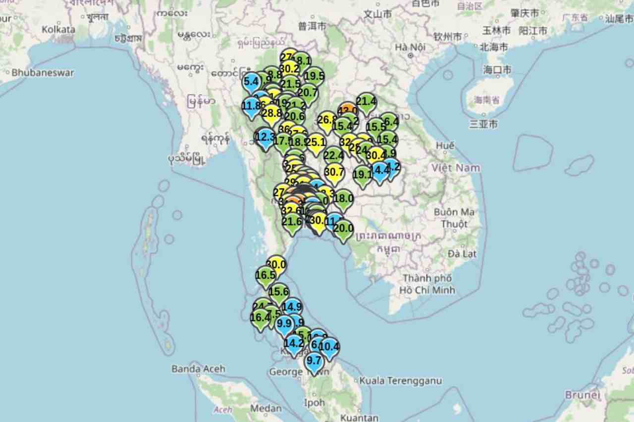Carte des zones subissant une pollution atmosphérique en Thaïlande