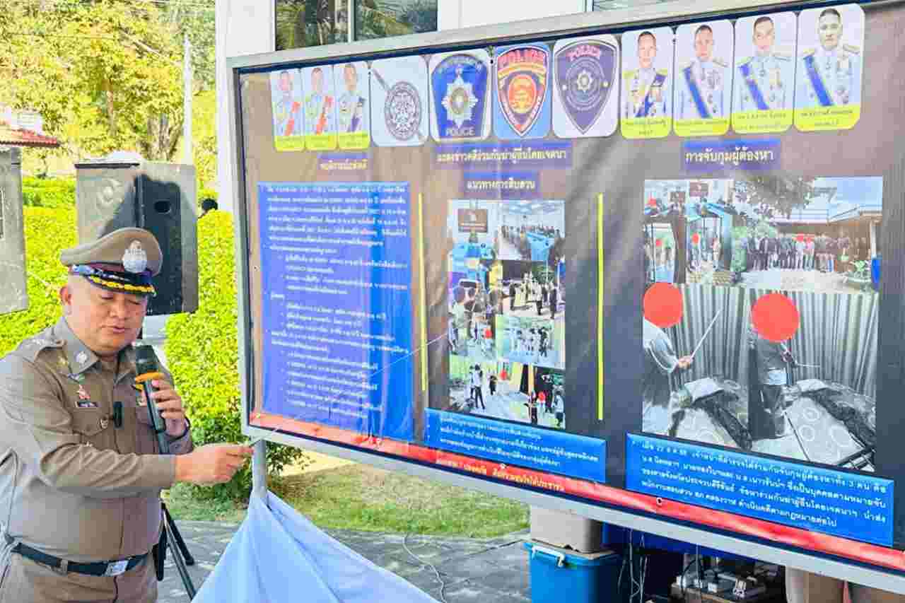 Thai police officers explain an organizational chart of the case during a press conference on December 24, 2025, in Prachuap Khiri Khan, Thailand
