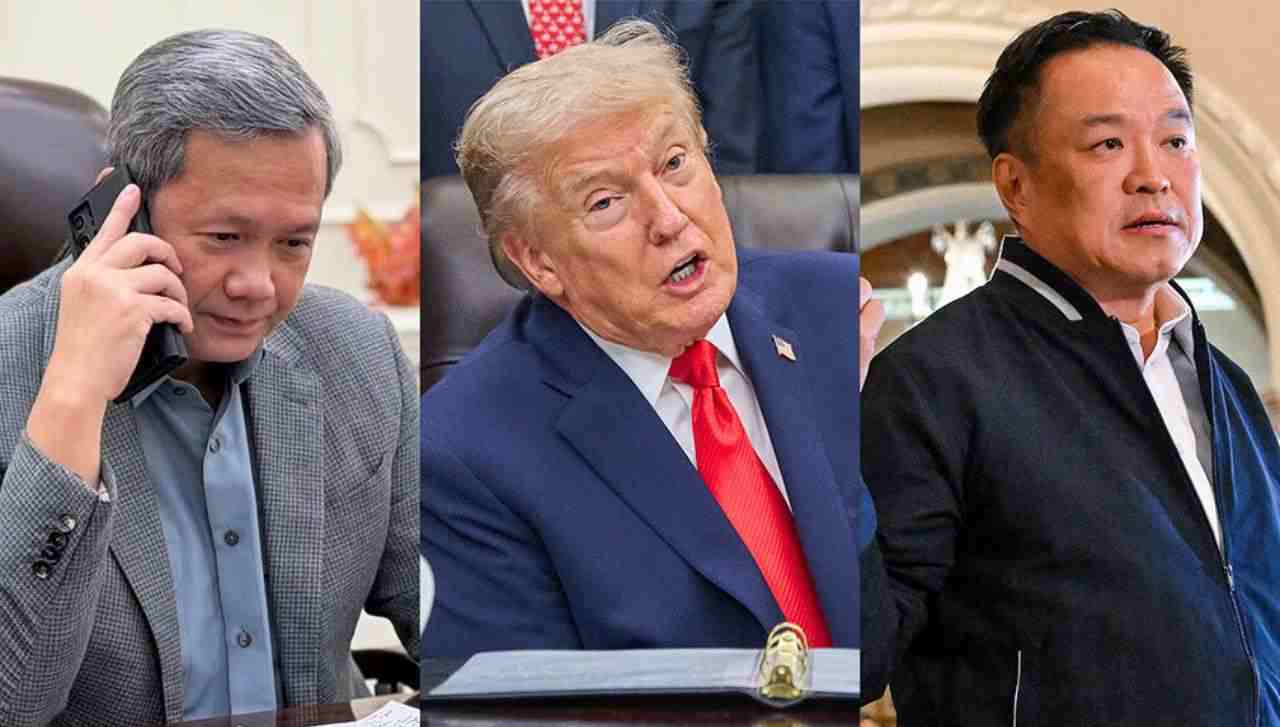 Photos of Cambodian Prime Minister Hun Manet, US President Donald Trump, and Thai Prime Minister Anutin Charnvirakul