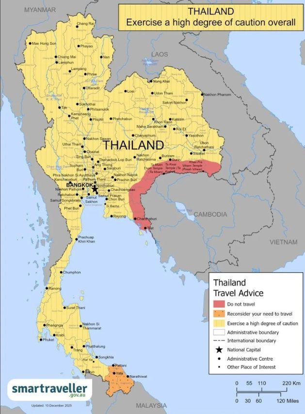 Voyager en Thaïlande malgré le conflit avec le Cambodge : ce qu’il faut savoir (mise à jour 2026) 5 Carte indiquant les zones à éviter pendant la crise Thaïlande - Cambodge