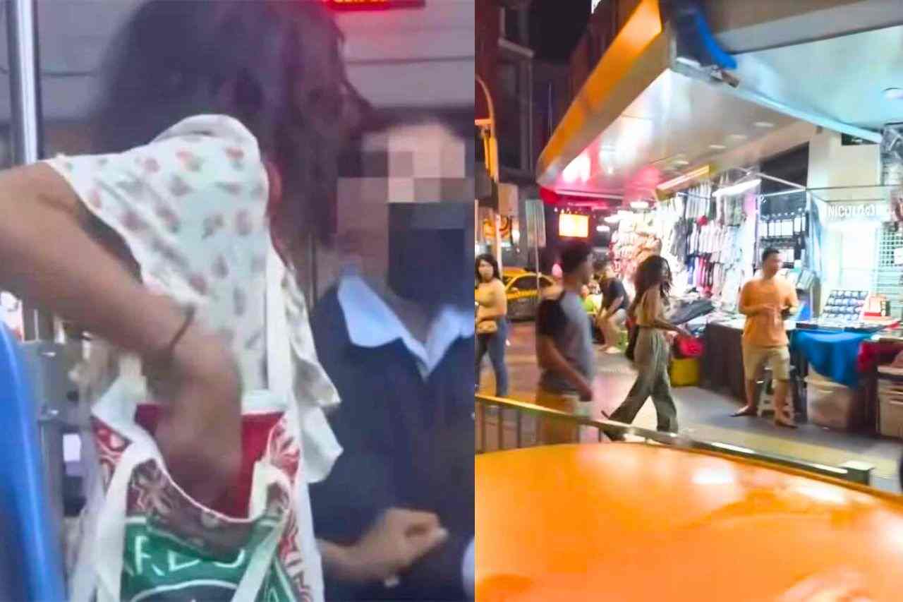 Photos montrant une femme armée d'un couteau dans un bus et une autre femme, qui pourrait être la même personne, menaçant des passants dans une rue de Bangkok