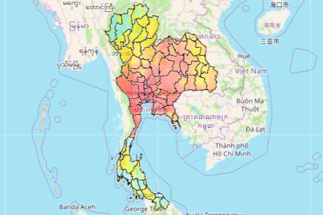 La carte de la Gistda montre les niveaux de poussières ultrafines en Thaïlande le mercredi 14 janvier 2026