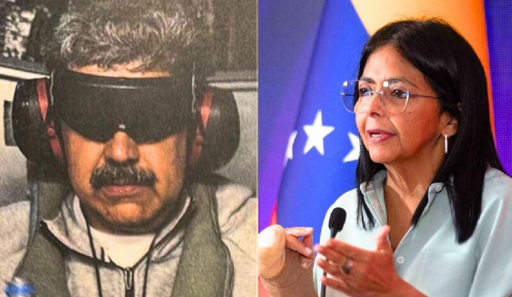 Le président vénézuélien Nicolás Maduro lors de son enlèvement et la vice-présidente Delcy Rodríguez devant le drapeau du Venezuela