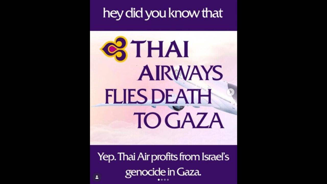 Manifestation en Australie : Thai Airways accusée de livrer des pièces de F-35 à Israël 4 Affiche partagée sur les réseaux sociaux accusant Thai Airways de transporter des pièces de F-35 vers Israël.