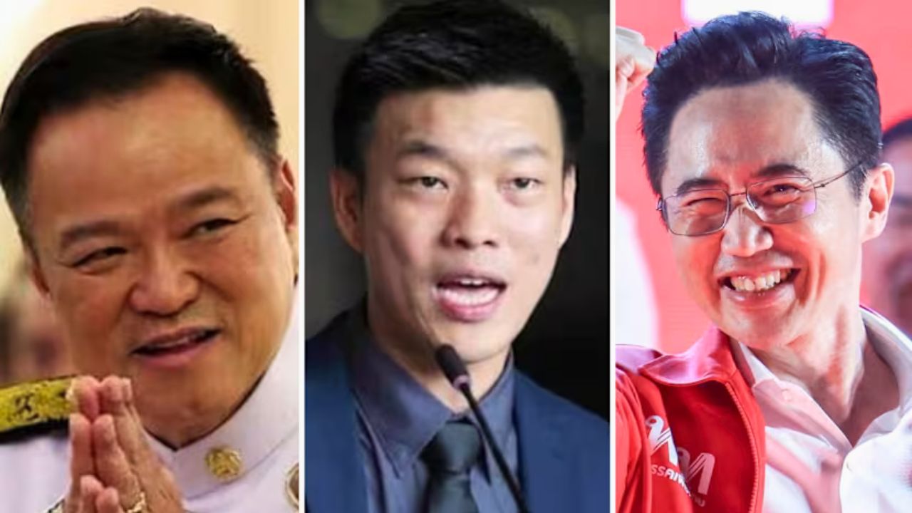 (De gauche à droite) Anutin Charnvirakul du parti Bhumjaithai, Natthaphong Ruengpanyawut du Parti populaire et Yodchanan Wongsawat du parti Pheu Thai