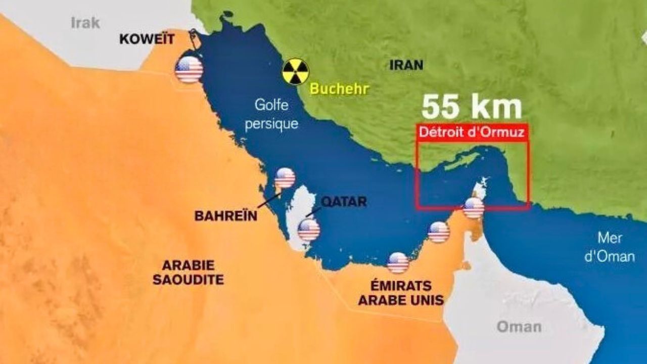 Carte montrant le détroit d'Ormuz entre l'Iran et Oman, passage stratégique pour le transport mondial de pétrole
