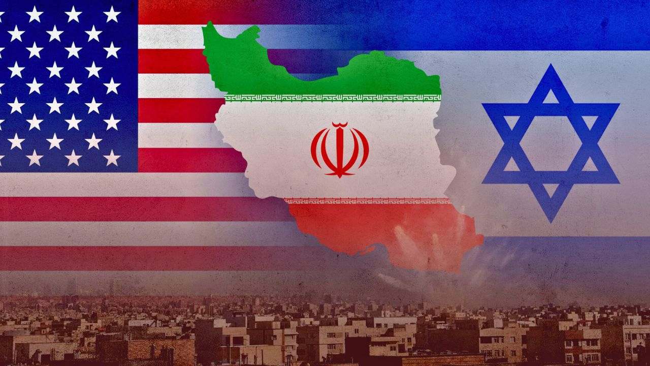 Carte de l’Iran sur fond des drapeaux des États-Unis et d’Israël illustrant les tensions géopolitiques