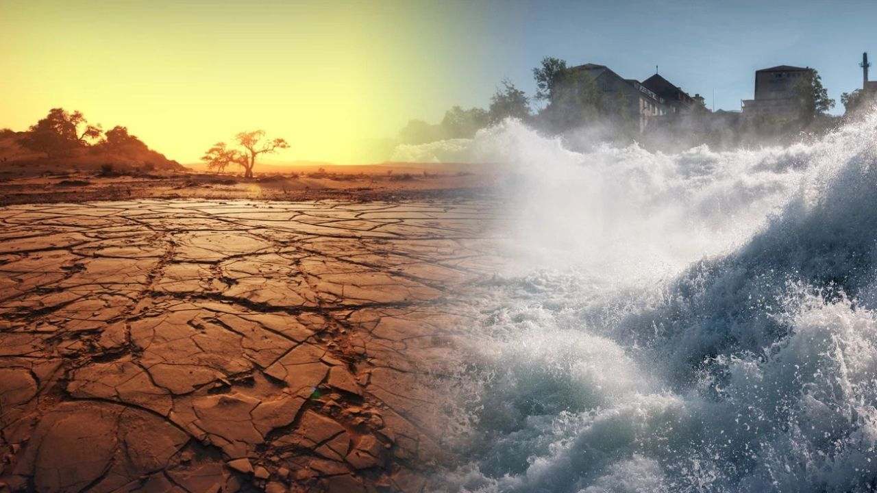 El Niño : sécheresse et phénomènes extrêmes illustrés par un sol craquelé et des vagues violentes