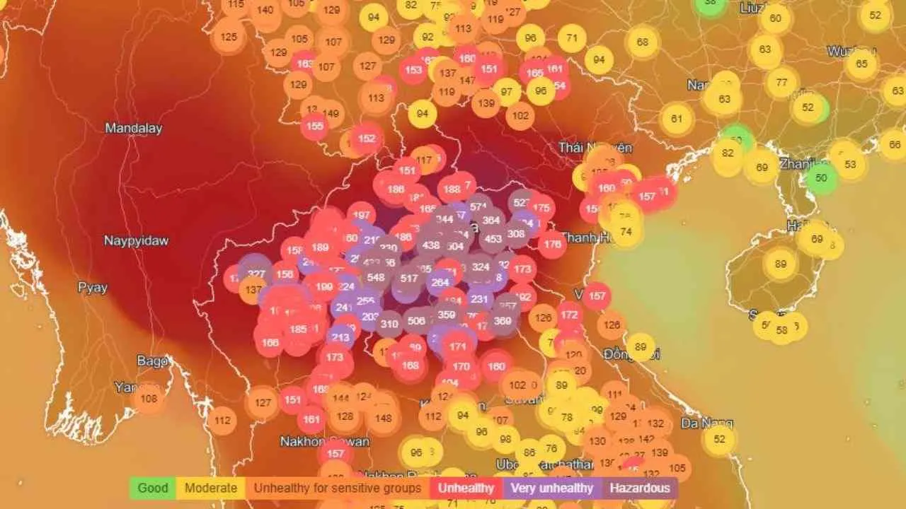 Carte montrant la pollution de l'air dans le nord de la Thaïlande