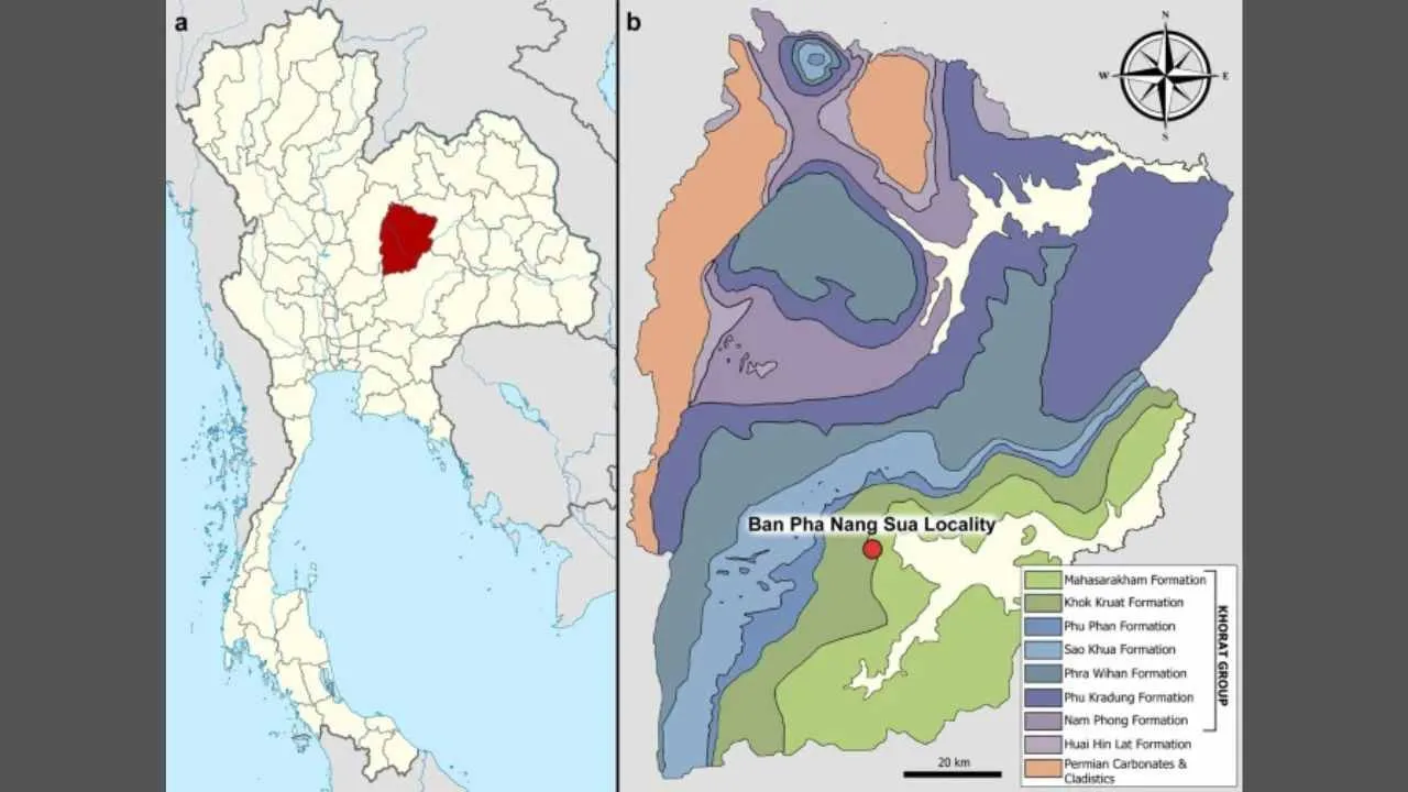 Situation géographique de la province de Chaiyaphum sur une carte de la Thaïlande et de la localité de Ban Pha Nang Sua sur une carte géologique de la province de Chaiyaphum