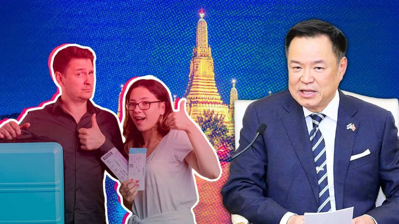 Montage illustrant la réduction de la durée du séjour sans visa en Thaïlande, avec des touristes étrangers et le Premier ministre Anutin Charnvirakul.