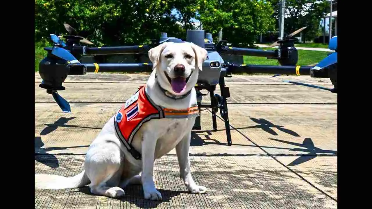 La chienne de sauvetage Si Nuan pose devant un drone utilisé lors d'un exercice de recherche et de sauvetage en Thaïlande