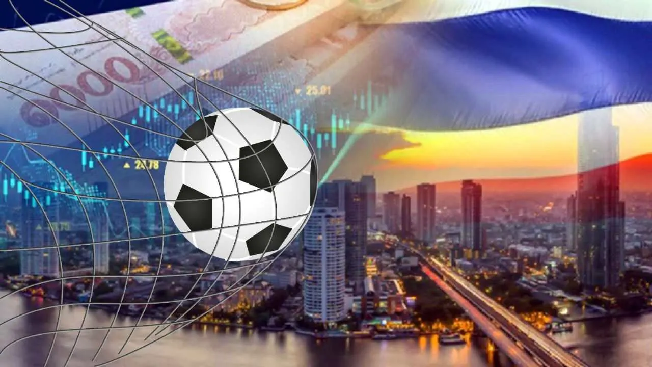 Illustration de l'économie thaïlandaise avec le drapeau national, la skyline de Bangkok, un ballon de football et des graphiques financiers symbolisant la stratégie de croissance du pays