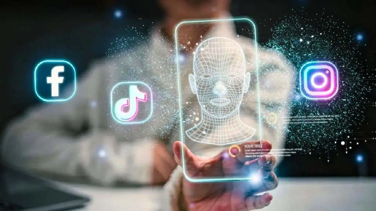 Illustration d'un système de vérification d'identité par reconnaissance faciale sur les réseaux sociaux, avec les logos de Facebook, TikTok et Instagram