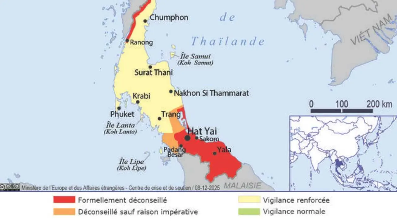 Carte des conseils aux voyageurs du ministère français des Affaires étrangères pour le sud de la Thaïlande