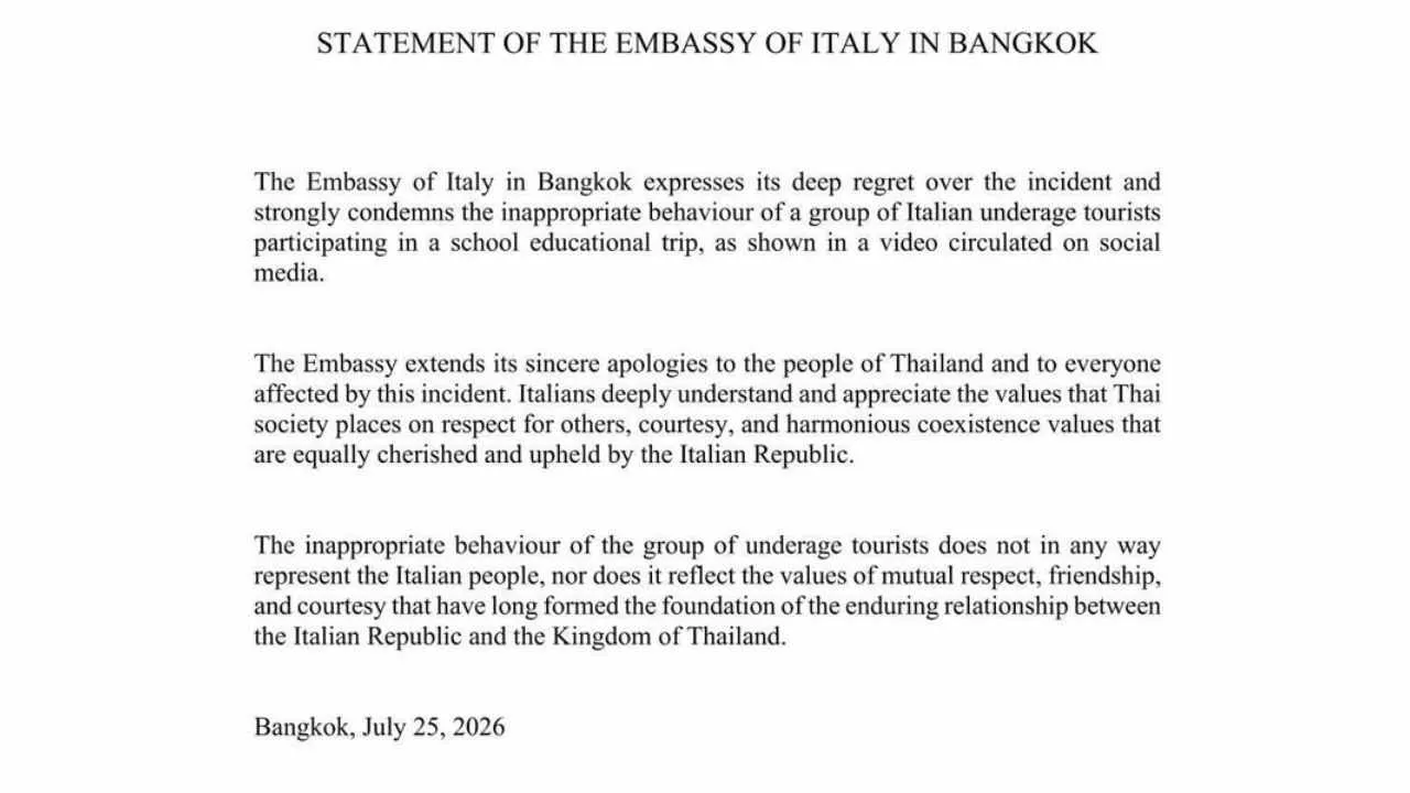 Communiqué officiel publié par l'ambassade d'Italie à Bangkok présentant ses excuses au peuple thaïlandais après l'incident impliquant des adolescents italiens dans le BTS Skytrain