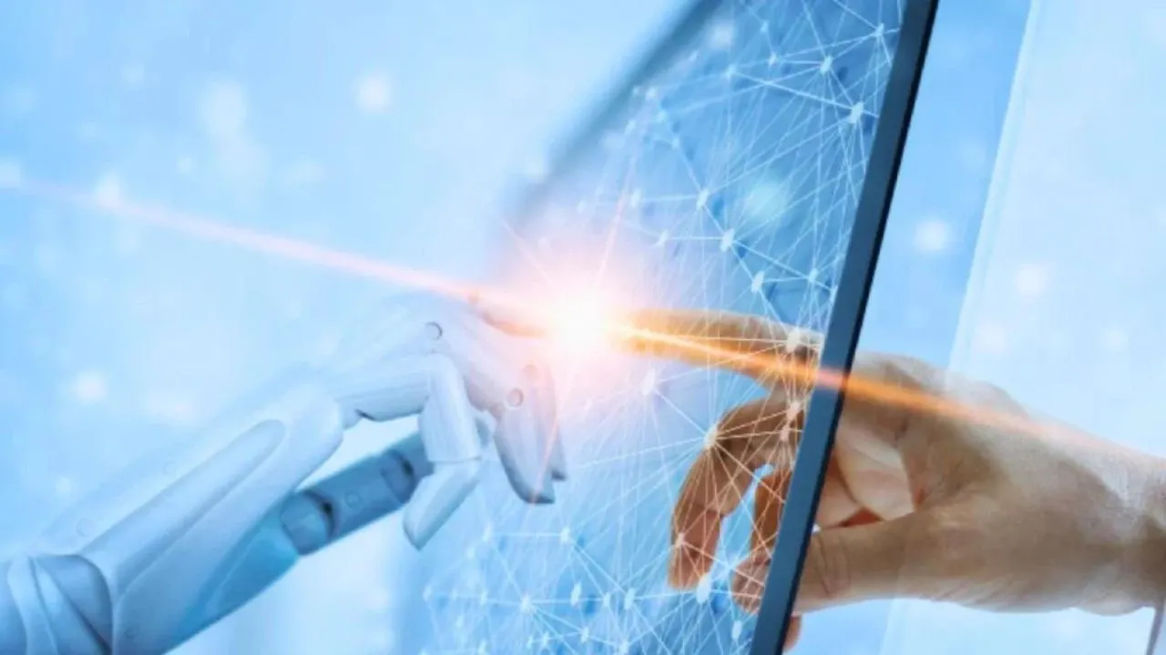 Illustration de l'intelligence artificielle et de la souveraineté technologique avec une main robotique et un écran tactile