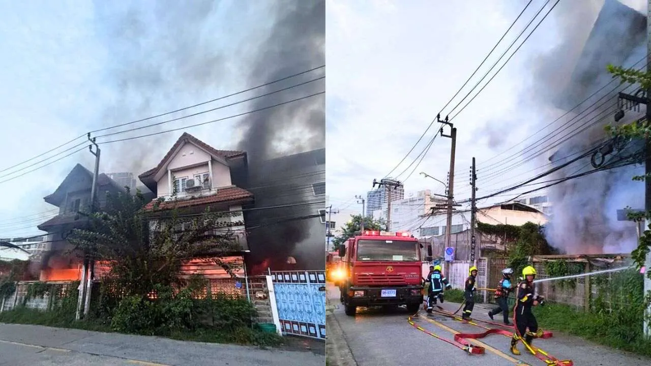 Maison en flammes à Bangkok tandis que les pompiers interviennent pour maîtriser l'incendie