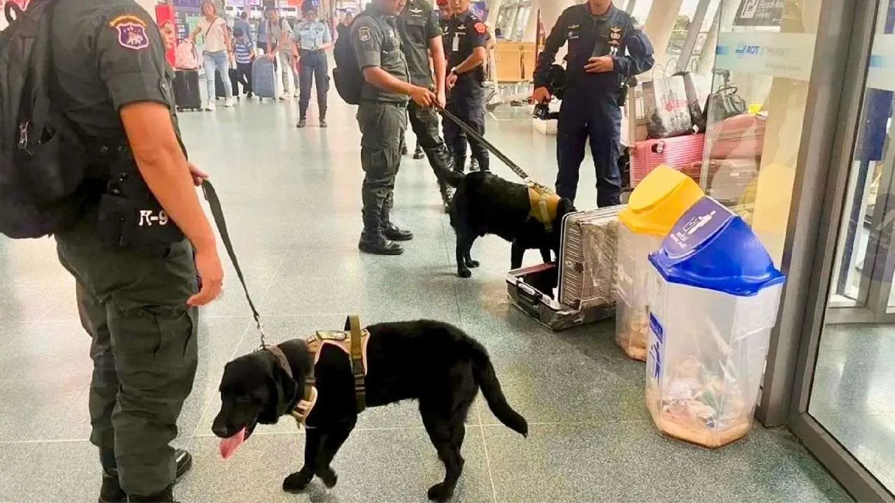 Chiens détecteurs de stupéfiants inspectant des bagages dans un aéroport thaïlandais
