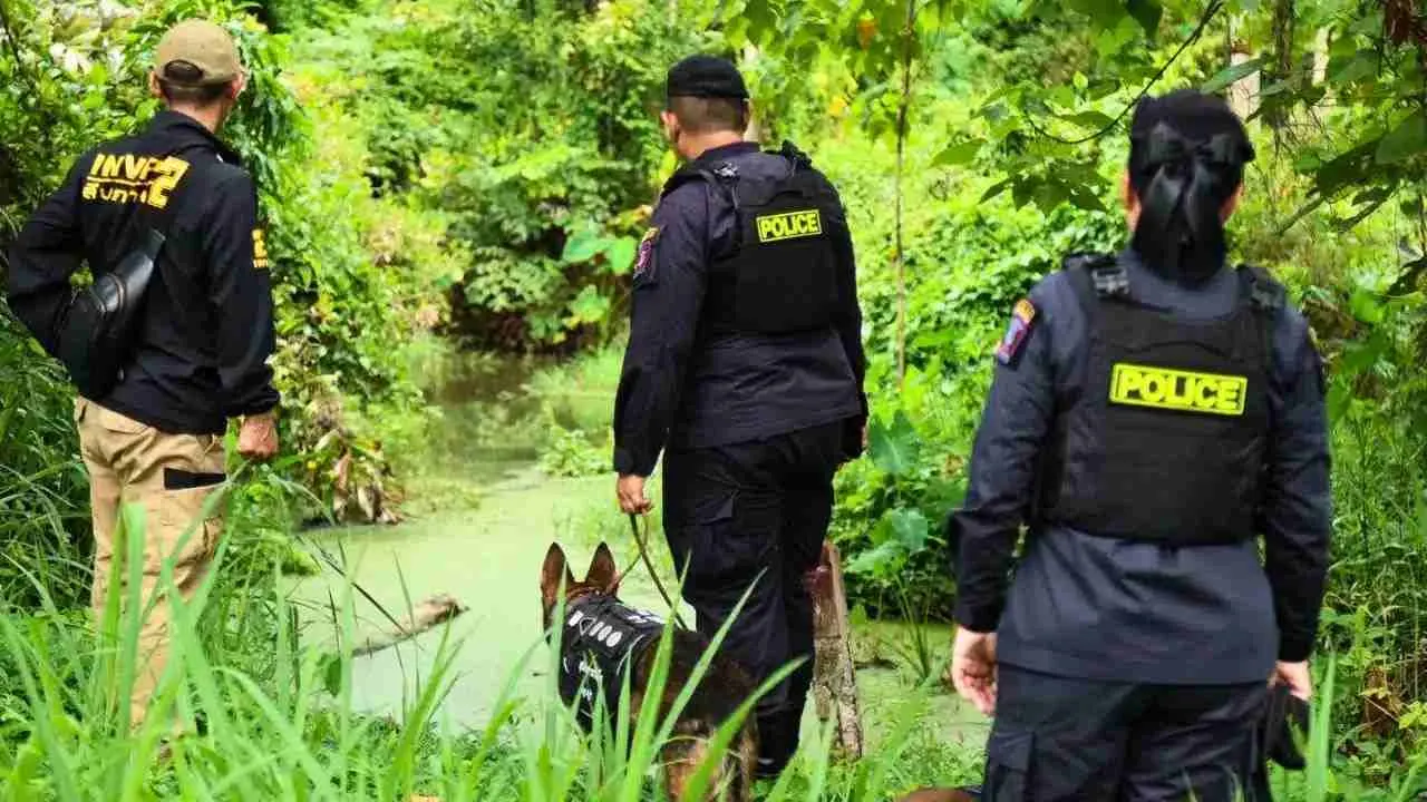 Des policiers et un chien pisteur fouillent une zone boisée près de Pattaya à la recherche de deux jeunes Russes disparus