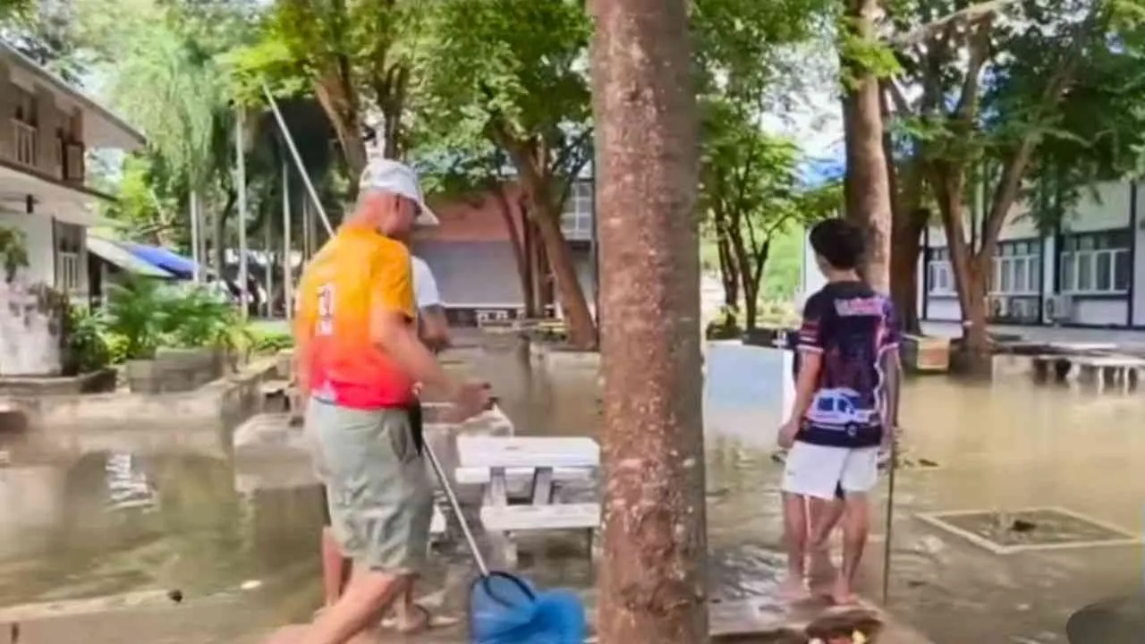 Secouristes et responsables locaux inspectant les eaux de crue du lycée Singsamut à Sattahip après le signalement d'un prétendu crocodile