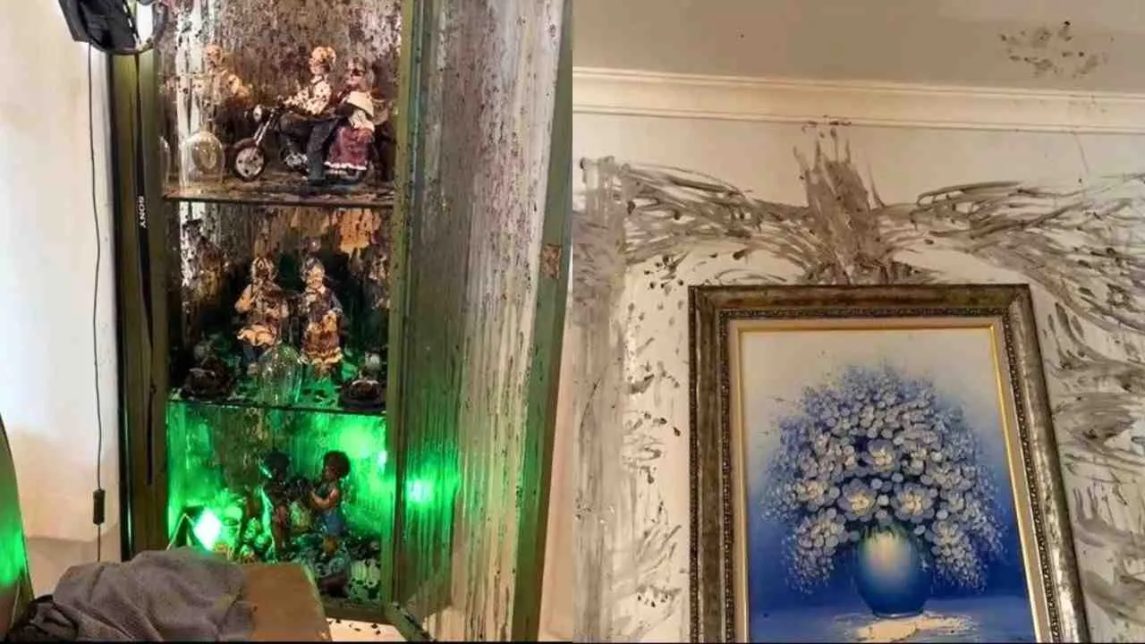 Vitrine et murs d'une villa de luxe recouverts de peinture après les dégradations commises par un Américain à Samut Prakan