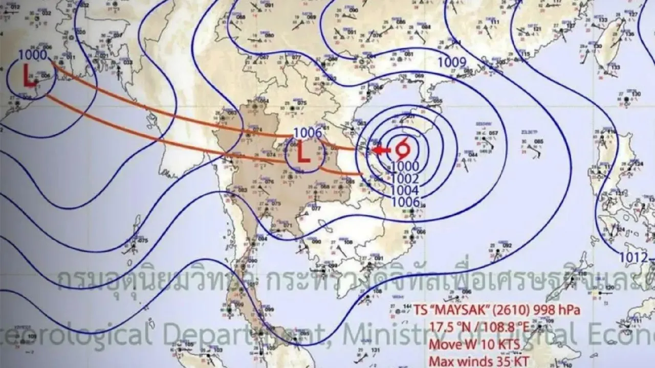 Carte météorologique montrant la trajectoire prévue de la tempête tropicale Maysak et les zones de basse pression influençant la Thaïlande