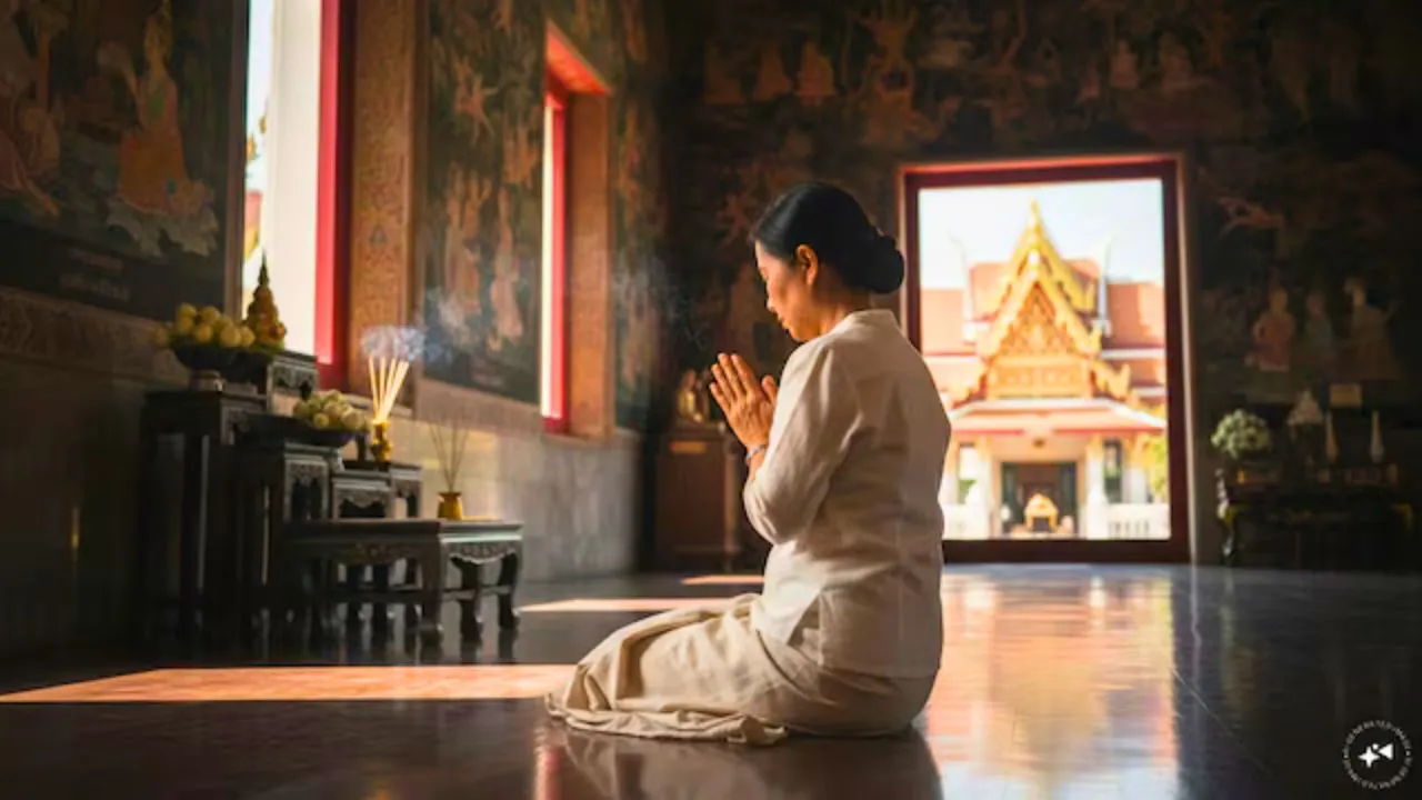 Une fidèle bouddhiste prie dans un temple thaïlandais au début du carême bouddhiste