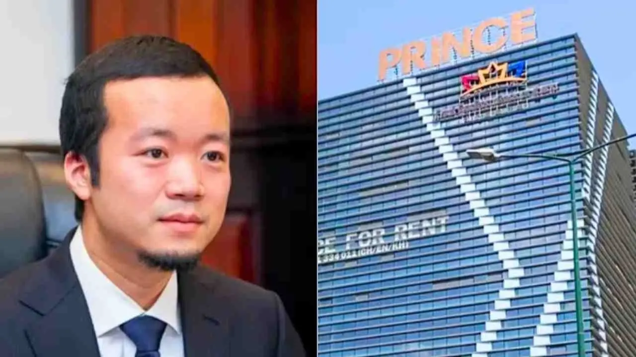 Chen Zhi et un immeuble du Prince Group au Cambodge