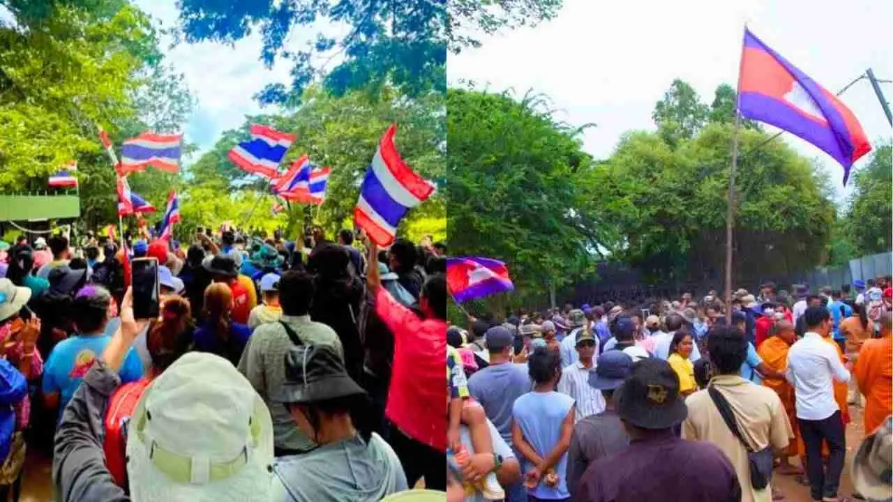 Manifestation de Thaïlandais et de Cambodgiens à la frontière entre les deux pays